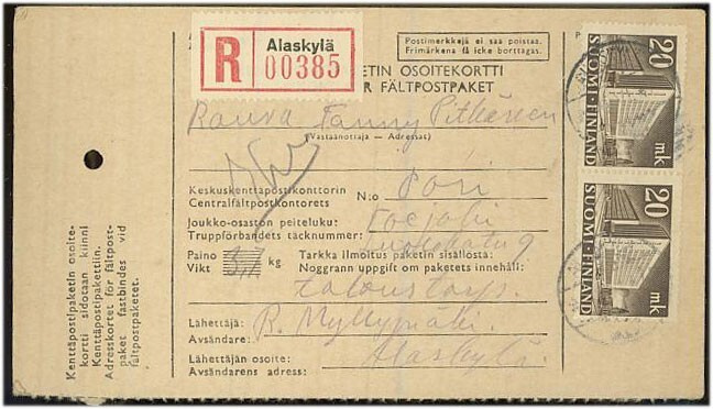 1945 20mk postitalo paketti - R-paketti kp-paketin os.kortti