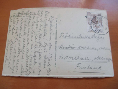 1937 Tanska kortti Hkiin s/s Norrkullalla mennyt