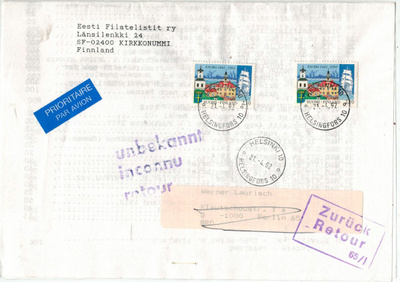 1992 Rauma 2 kpl palautettu lähetys Saksasta