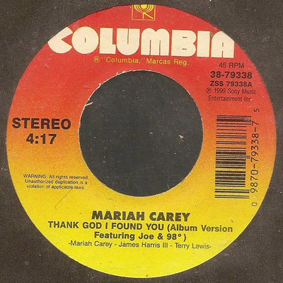 7” SINGLE Mariah Carey Feat Joe & 98° Thank God I Found You