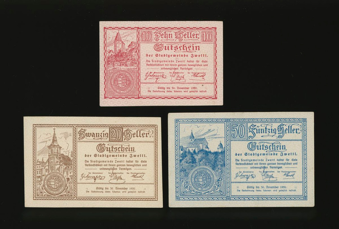 Itävalta Notgeld 10, 20, 50 Heller, Zwettl 1920