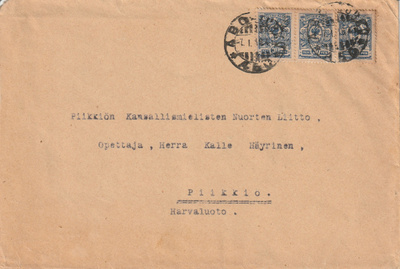 1918 Kirje Turusta-Piikkiöön 3x 20pen.Kotkamerkein !