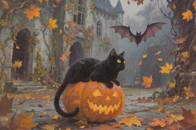 Halloween musta kissa kurpitsan päällä