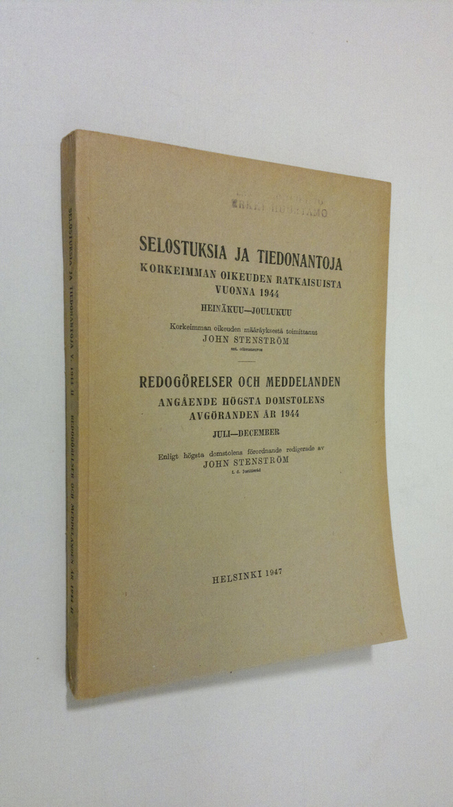 John Stenström : Selostuksia ja tiedonantoja Korkeimman o...
