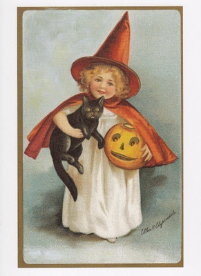 Halloween pieni noita, kissa, kurpitsalyhty