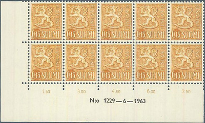 1963  15p ruskeankeltainen nro-10lö 1229 ++