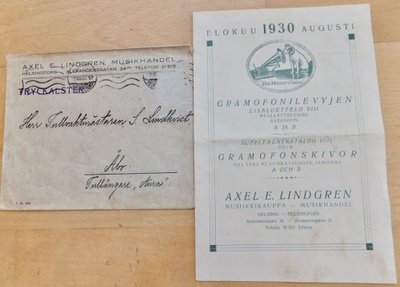 VANHA Levyluettelo Musiikkikauppa Lindgren 1930 +Alkup Kuori