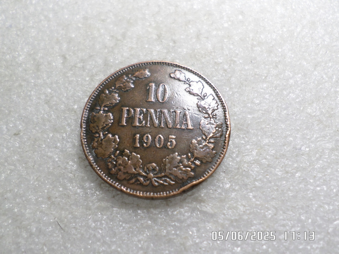 10  penniä  1905  kulkematon  hieman patinoitunut,