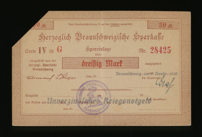 Saksa 30 Mark, Braunschweig 1.11.1918, Serie IV lit. G, VF+