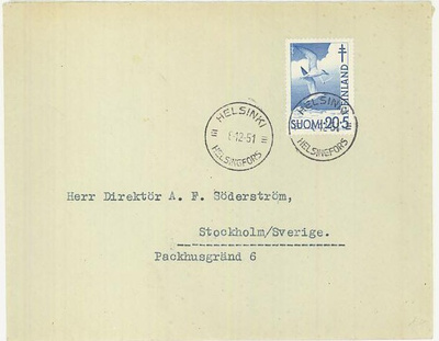 1951 tub 20mk kirjeellä Ruotsiin, loistoleimainen