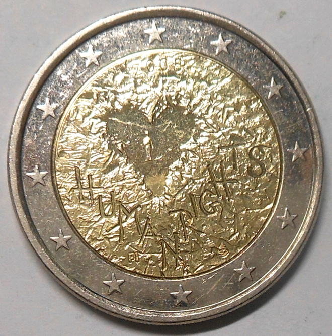 Suomi. 2 € 2008 "ihmisoikeudet".