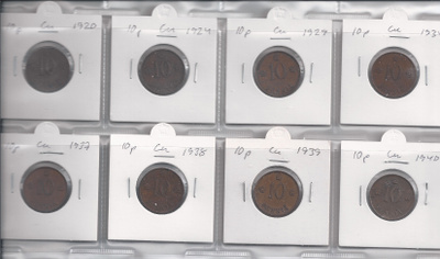 1920-40 10 p cu 8 erilaista