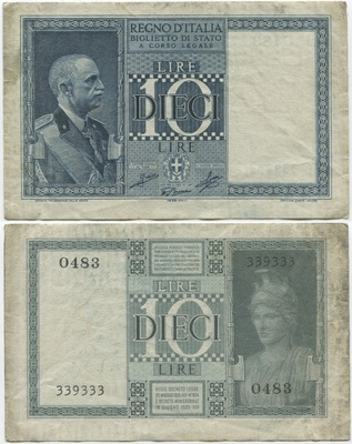 Italia Italy 10 Lire 1939 (P-25c) XF WW2