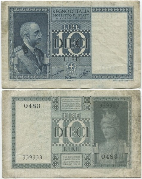 Italia Italy 10 Lire 1939 (P-25c) XF WW2