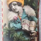Antiikki joulukortti, sievä tyttö, kortti kulkenut 1920 luku - pikkukuva 2