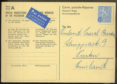 M54 1956 30 (mk) lentopostikorttivastaus Saksasta - leimaton