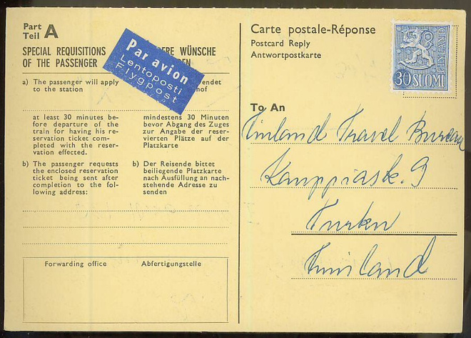 M54 1956 30 (mk) lentopostikorttivastaus Saksasta - leimaton