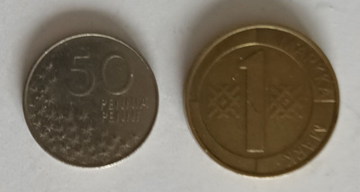 50 penniä 1991 & 1 markka 1994, 2 kuvaa