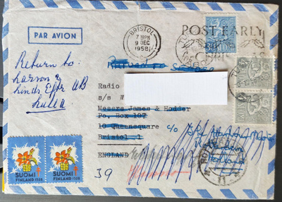 Lentopostikirje 1958, Turku-Bristol-Rotterdam, joulumerkit