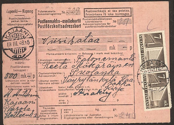 M30 1942 7mk postitalo pari postiennakkoasiakirjoja