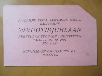 1924 Nurmijärvi Perttula osuuskaupan 20v juhlan pääsylippu