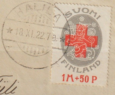 1922 1Mk+50p Punaisen Ristin merkki Halila-leimalla leike