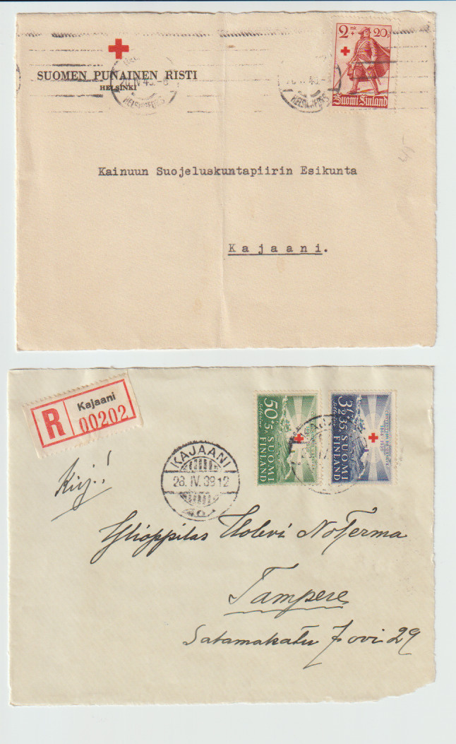 Postilähetykst, 2 kuoren etusivua, huom postimerkit