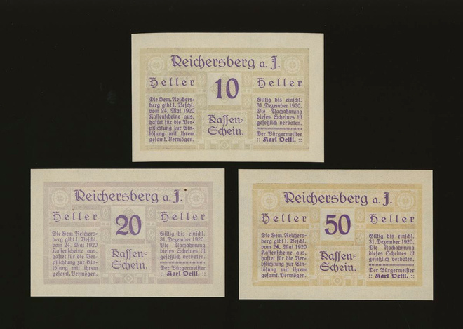 Itävalta Notgeld 10, 20, 50 Heller, Reichersberg 1920
