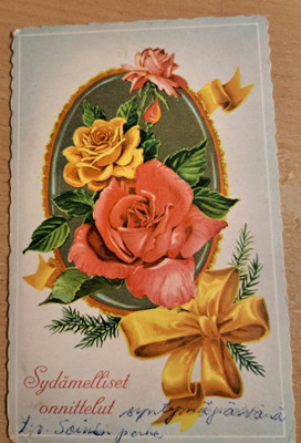 kukkakortti, ruusuja, kulkenut, merkki 1964