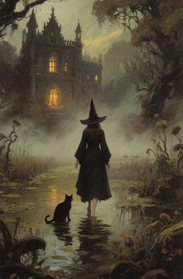 Halloween noita ja kissa, usvaa talon edessä