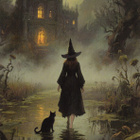 Halloween noita ja kissa, usvaa talon edessä - pikkukuva 1