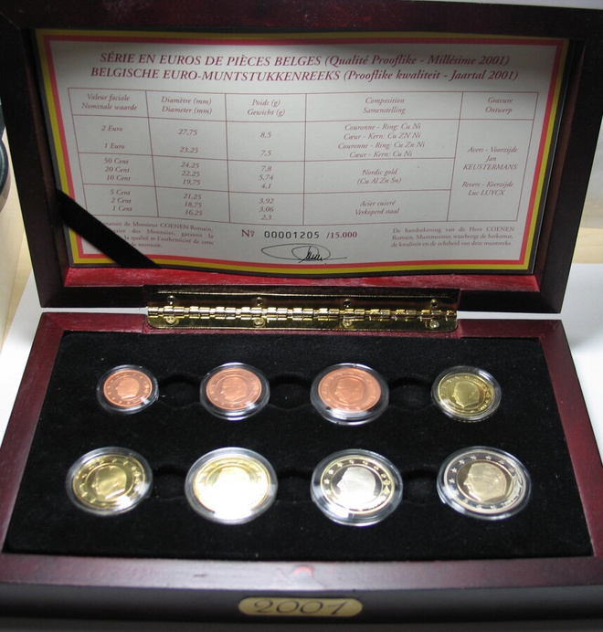 2001 BELGIA 1c - 2 euro PROOF sarja laatikossa
