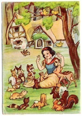 WANHA DISNEY / Lumikki ja metsän eläimet puun alla. 1930-l.