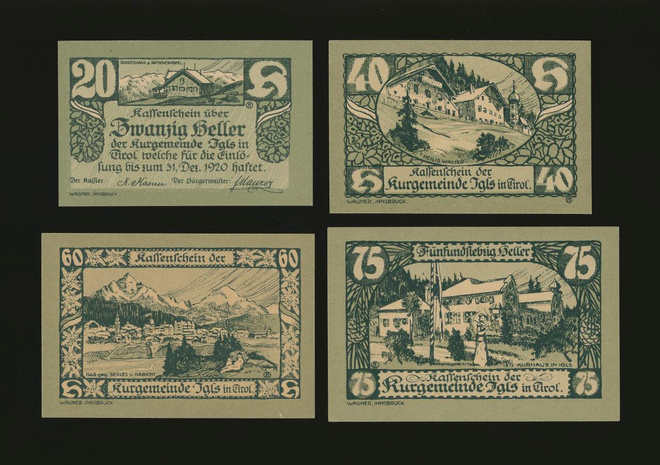 Itävalta Notgeld 20, 40, 60, 75 Heller, Igls 1920