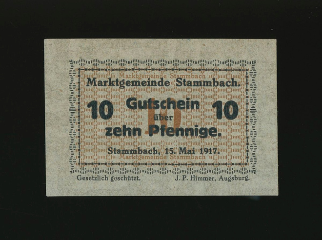 Saksa Notgeld 10 Pfennig, Stammbach 15.5.1917