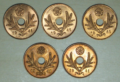 1941 SUOMI 5 PENNIÄ x 5kpl