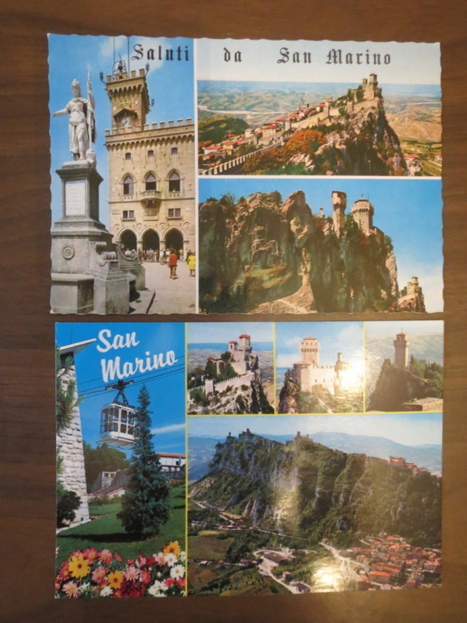 San Marino - kaksi sommitelmakorttia postimerkein