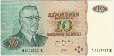 10 Markkaa 1980 A-sarjaa tähdellä, kl.9