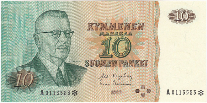 10 Markkaa 1980 A-sarjaa tähdellä, kl.9