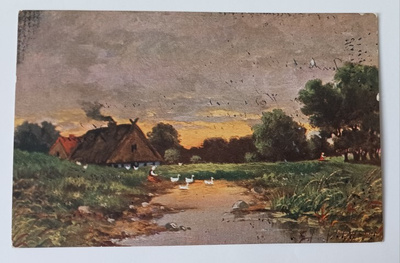Maalaistalo, hanhet laumana menossa lammelle, p. 1910
