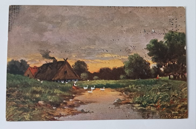 Maalaistalo, hanhet laumana menossa lammelle, p. 1910
