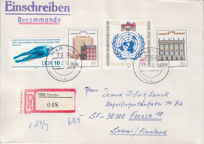 Saksa DDR 1985 Taloja sarja yms. kirjeellä suomeen.