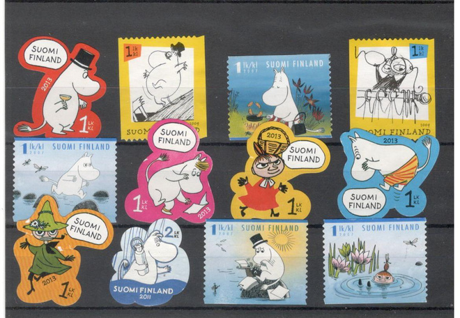 MUUMI-postimerkkejä 12 eril., ei leimaa eikä liimaa