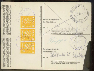 1946 5mk kelt. 3-rivilö jälkitaksoitus PERÄKORPI