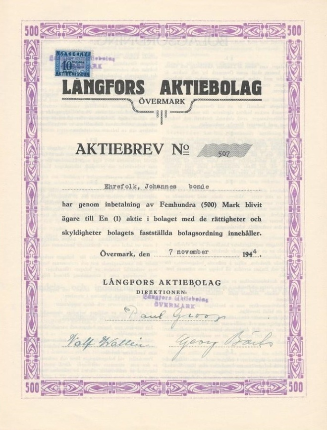 OKK 1944 Långfors Ab, Ylimarkku Övermark saha osakekirja