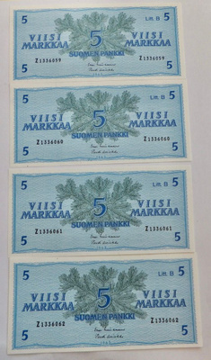 4 x 5 mk 1963 Litt B-sarja Pakkasileät Numerot Peräkkäin