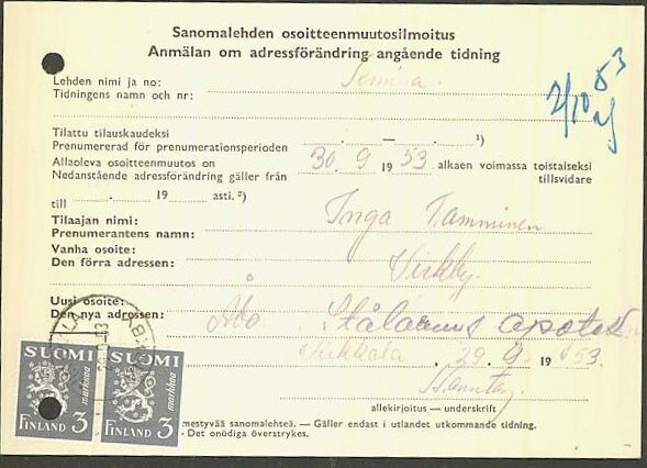 M30 1947 3mk harmaa pari osoitteenmuutosilmoituksella