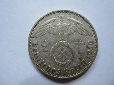 Natsi-Saksa 2 Reichsmark 1939 F Hindenburg