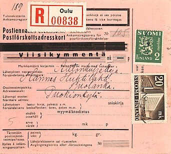 1946 kirjattu postiennakko asiakirjoja