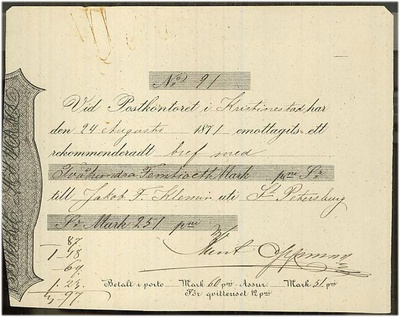 1871 kirjatun lähetyksen sisäänjättökuitti - Kristinestad